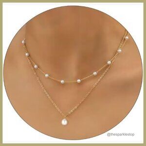 14K Gold Plated Layered Pearl Necklace, Herringbone Chain, Lobster Clasp